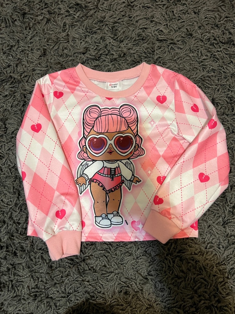 PatPat Pink LOL Doll Argyle Heart Graphic Sweatshirt